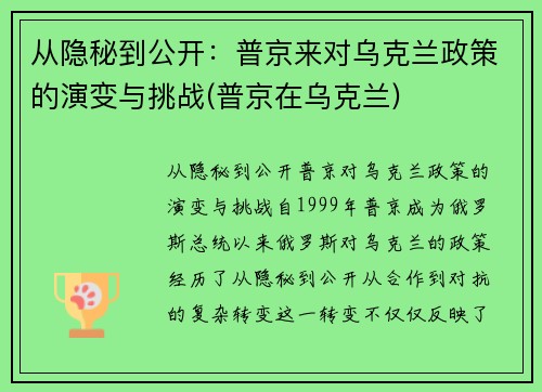 从隐秘到公开：普京来对乌克兰政策的演变与挑战(普京在乌克兰)