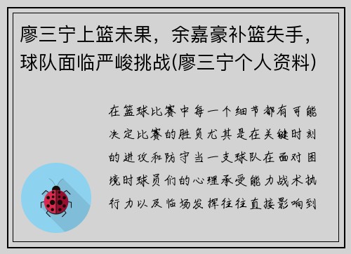 廖三宁上篮未果，余嘉豪补篮失手，球队面临严峻挑战(廖三宁个人资料)