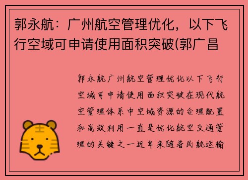 郭永航：广州航空管理优化，以下飞行空域可申请使用面积突破(郭广昌 航空)