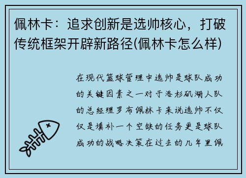 佩林卡：追求创新是选帅核心，打破传统框架开辟新路径(佩林卡怎么样)