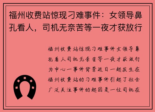 福州收费站惊现刁难事件：女领导鼻孔看人，司机无奈苦等一夜才获放行