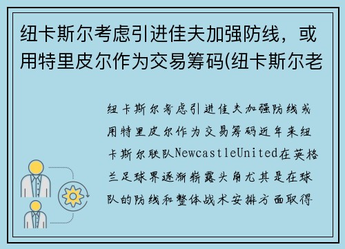 纽卡斯尔考虑引进佳夫加强防线，或用特里皮尔作为交易筹码(纽卡斯尔老板到底身价多少)