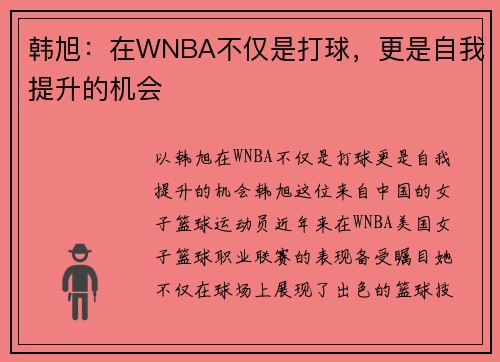 韩旭：在WNBA不仅是打球，更是自我提升的机会