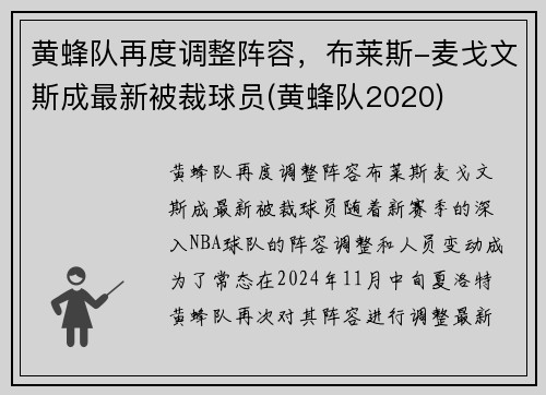 黄蜂队再度调整阵容，布莱斯-麦戈文斯成最新被裁球员(黄蜂队2020)