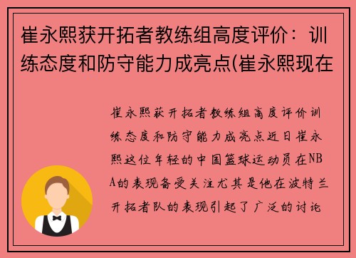 崔永熙获开拓者教练组高度评价：训练态度和防守能力成亮点(崔永熙现在)